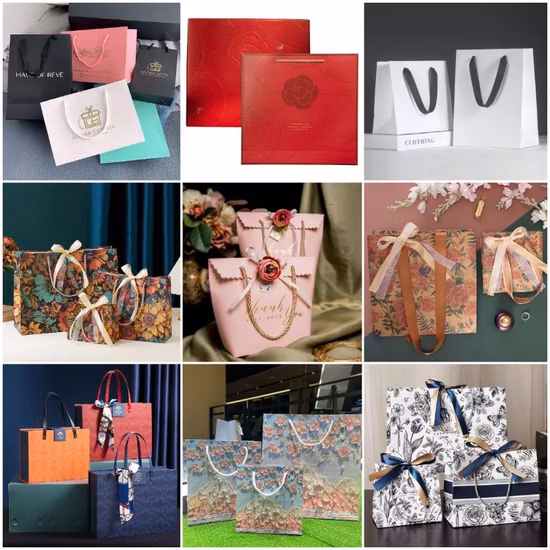 Бесплатный образец роскошного розового картонного бумажного пакета с индивидуальным логотипом и ручкой из ленты.